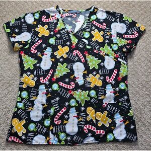 Serene Women's M Christmas Scrub Top Mock Wrap Snowman Gingerbread Tie Back